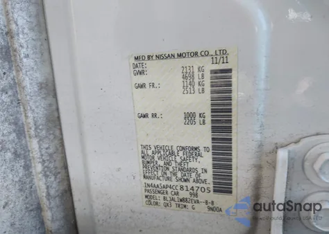 2012 Nissan Maxima 3.5 Sv из США, поврежденный, VIN 1N4AA5AP4CC814705